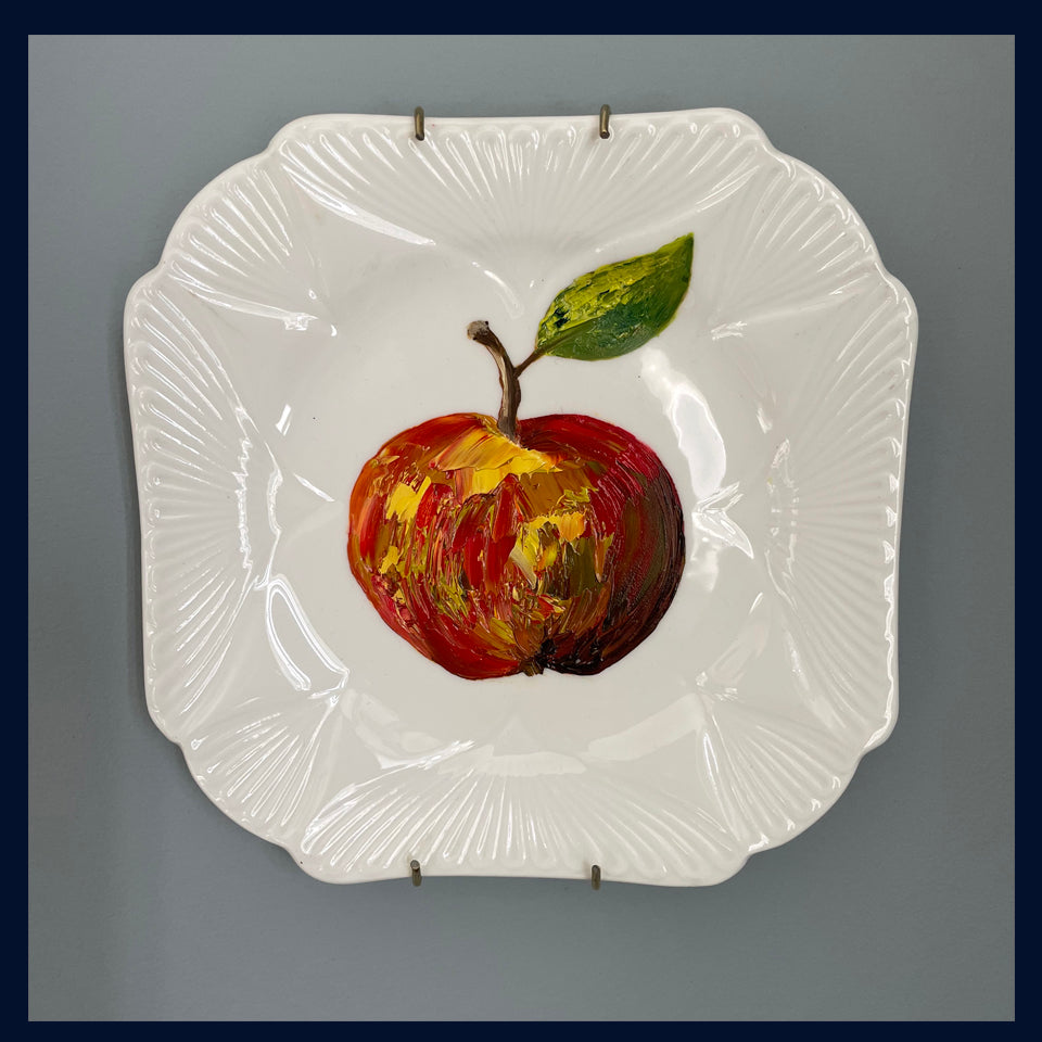 Plated: original fine art oil painting on an antique tea plate - apple