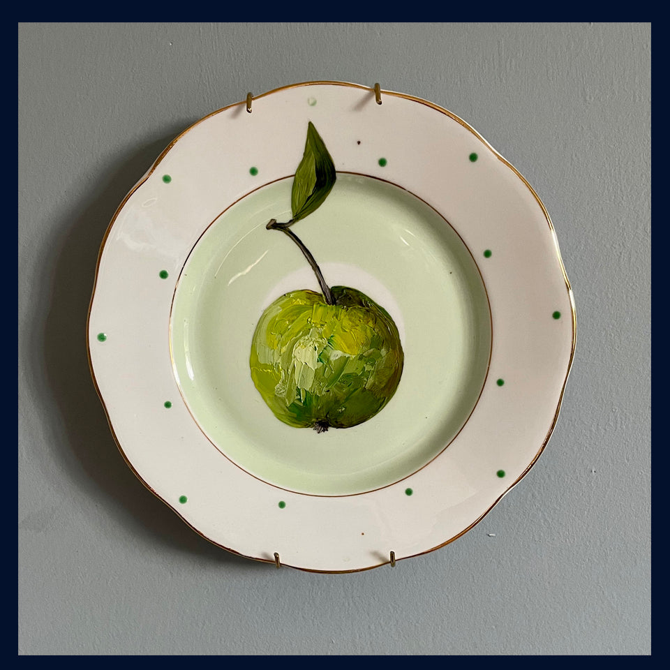 Original fine art oil painting on a vintage tea plate - apple
