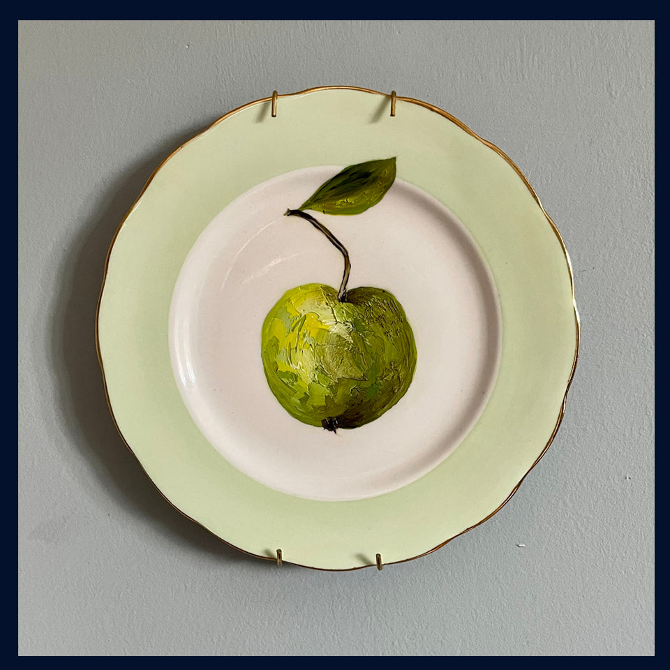 Original oil painting on a vintage tea plate - apple