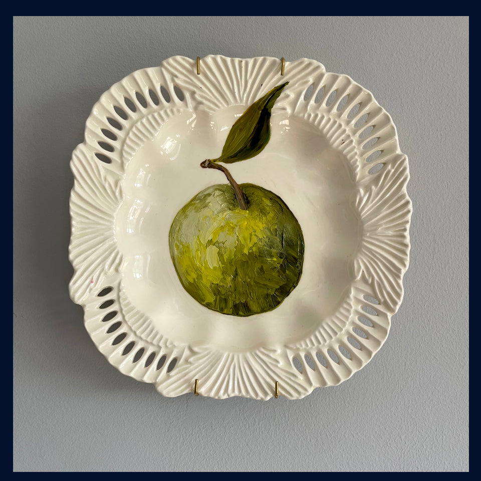 Plated: original fine art oil painting on a reticulated vintage plate - green apple