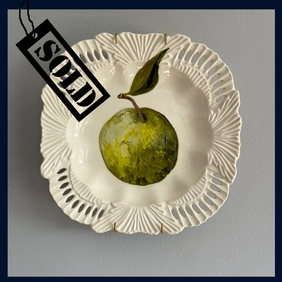 SOLD Plated: original fine art oil painting on a reticulated vintage plate - green apple