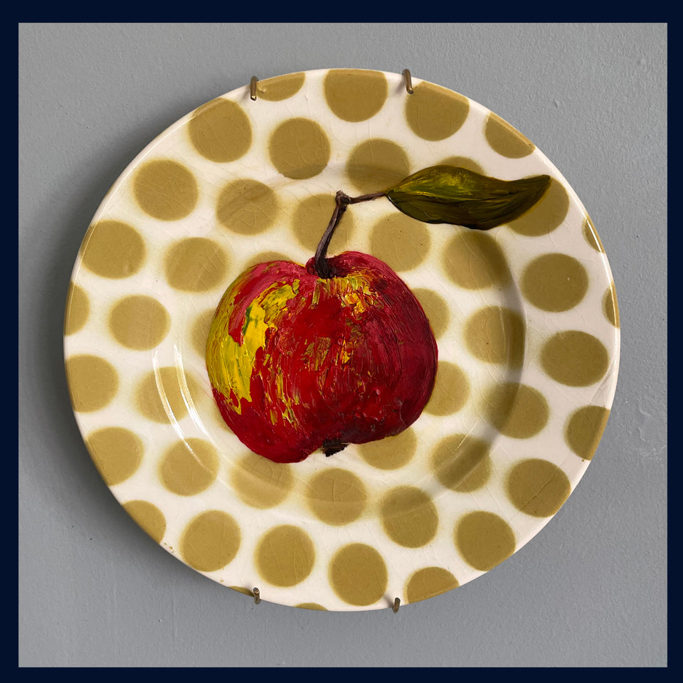 Red apple - original oil painting on a vintage 1960s Tams Ware tea plate