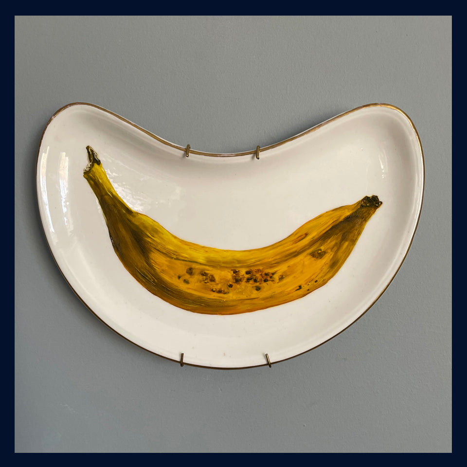 Banana - original oil painting on a vintage side plate
