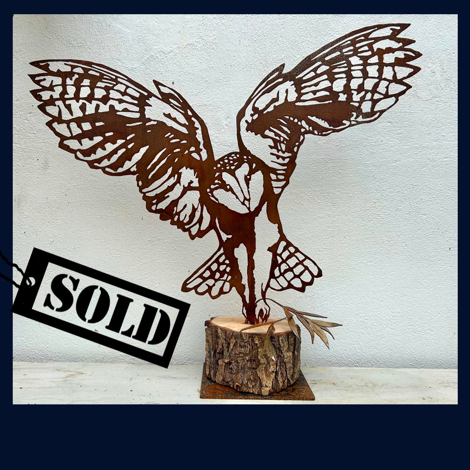 SOLD Barn Owl on Log Metal Sculpture by Shaun Pickering & Cindy Lee Wright