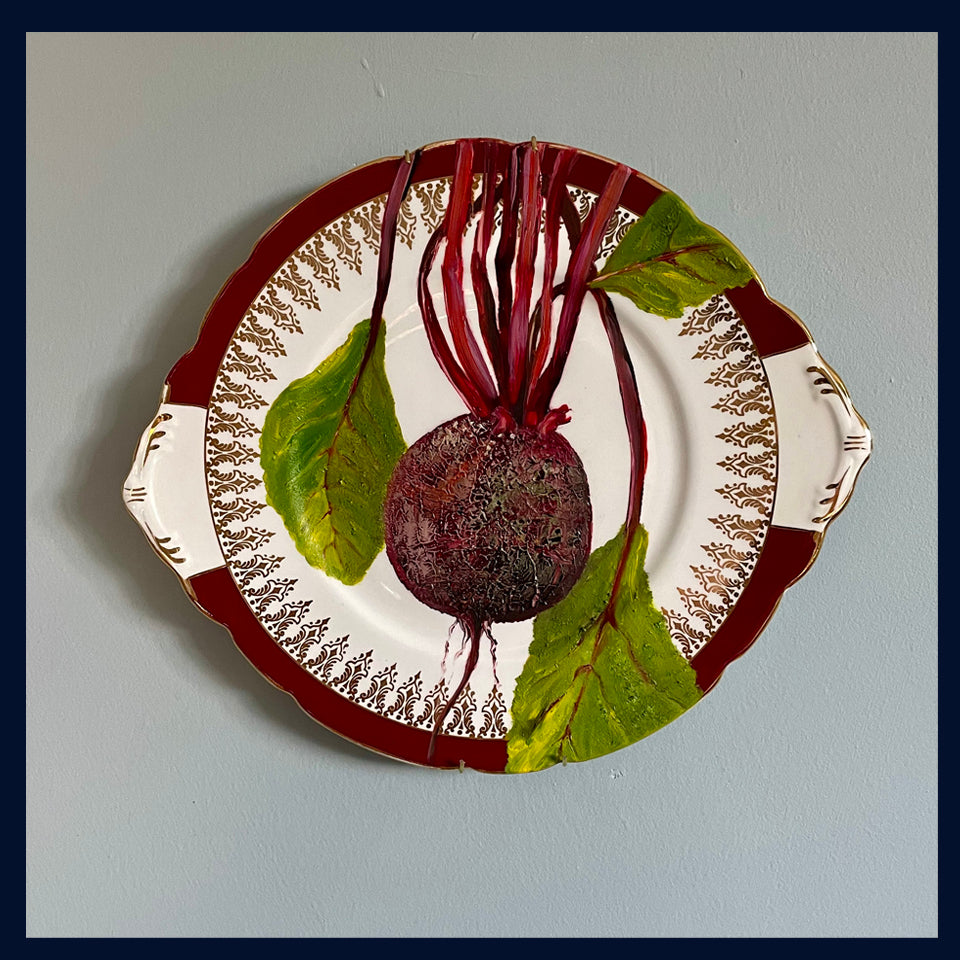 Plated: original oil painting on a vintage Royal Stafford cake plate - garden fresh beetroot