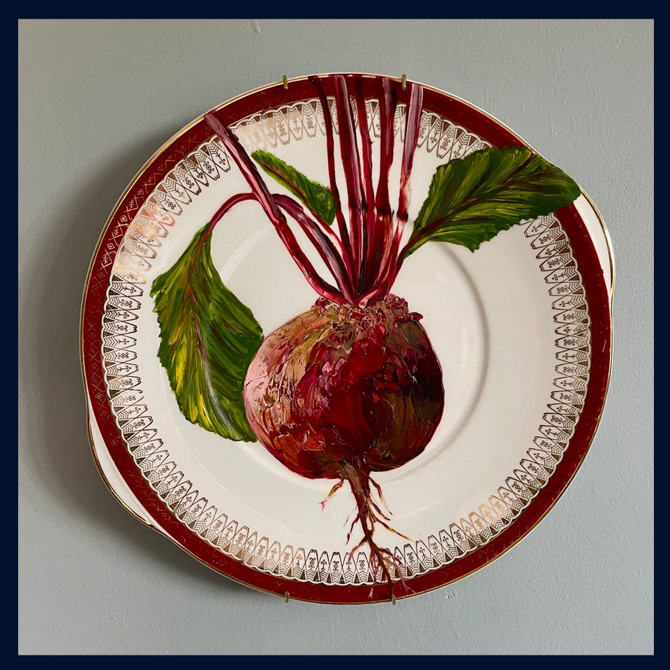 Original oil painting on a vintage Royal Grafton china cake plate - garden fresh beetroot