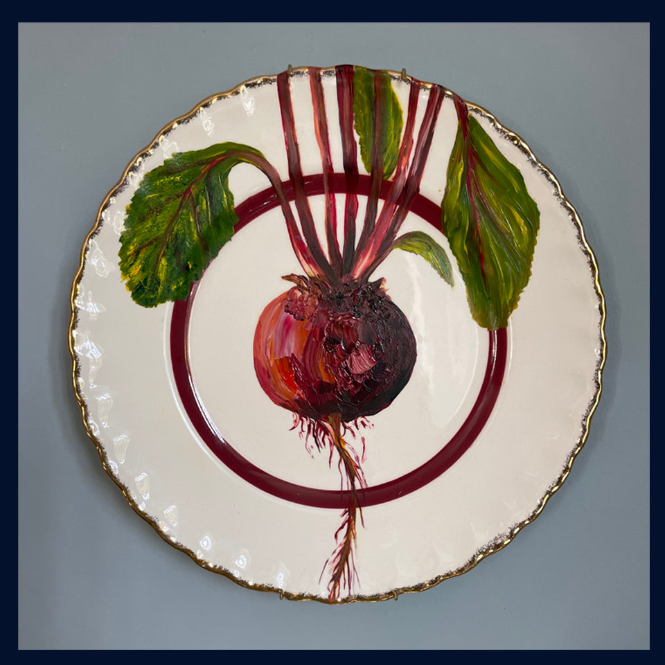 Garden fresh beetroot - original oil painting on a vintage Grindley plate