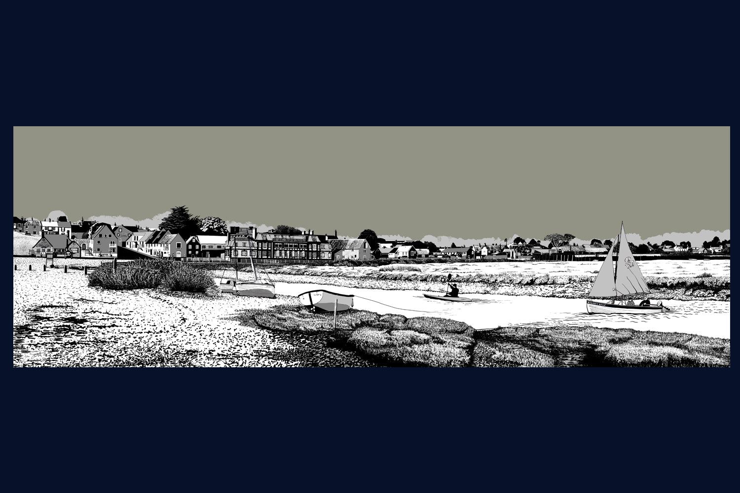 Framed Blakeney Quay, Norfolk. Landsong Colour Block Collection Fine Art Print - available in 10 colours