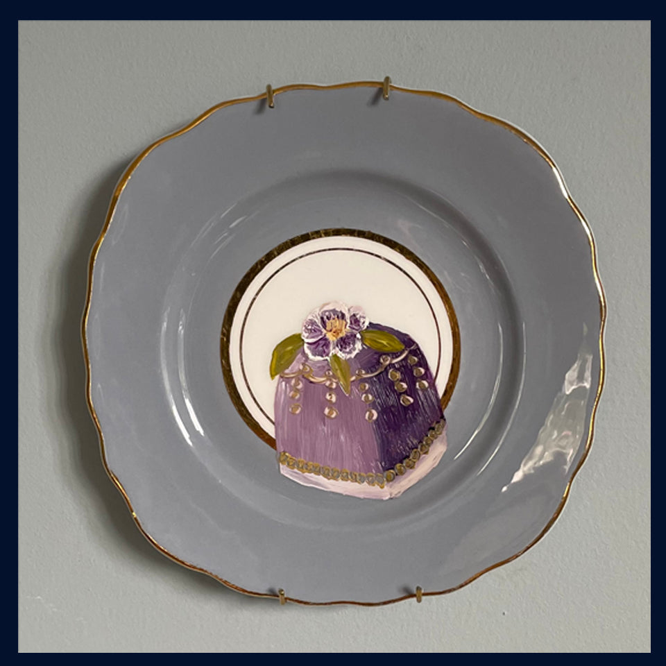 Blueberry Fondant Cake Original Oil Painting On Vintage Colclough China Mauve Grey Tea Plate