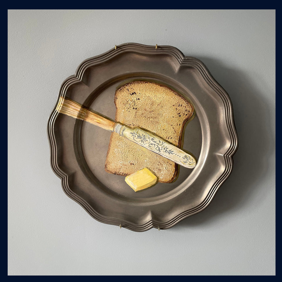 Original oil painting on antique pewter plate - bread & butter with an antique butter knife