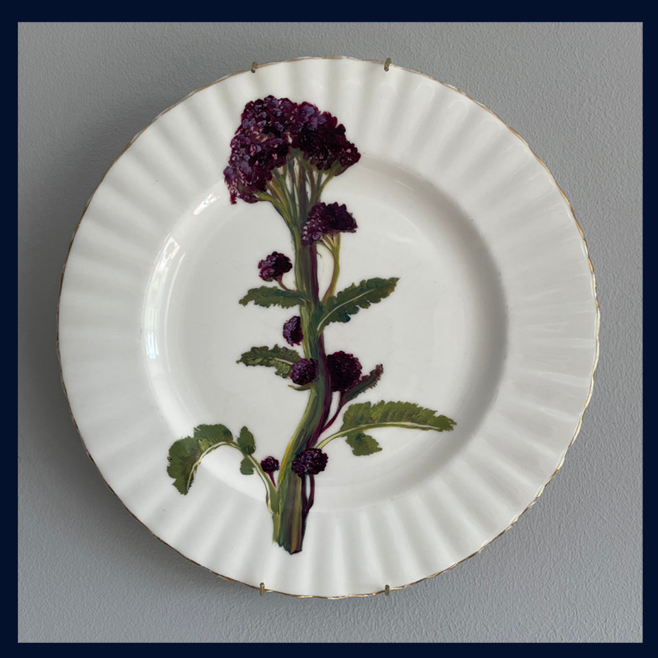 Plated: original fine art oil painting on an vintage salad plate - purple sprouting broccoli