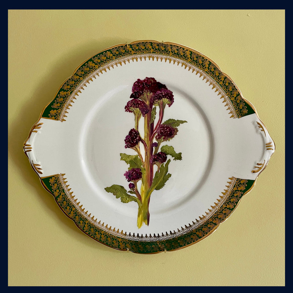 Plated: original fine art oil painting on a vintage Royal Stafford cake plate - purple sprouting broccoli