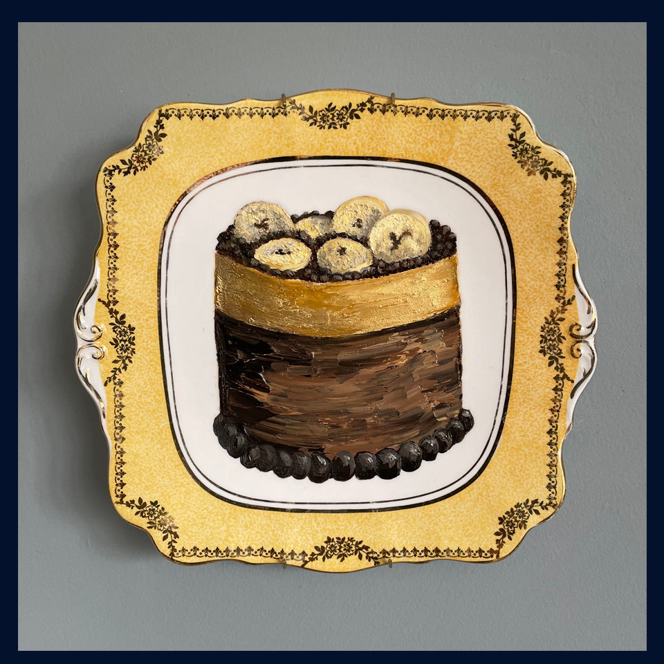 Banana & Chocolate Torte Cake Original Oil Painting On Vintage Cake Plate