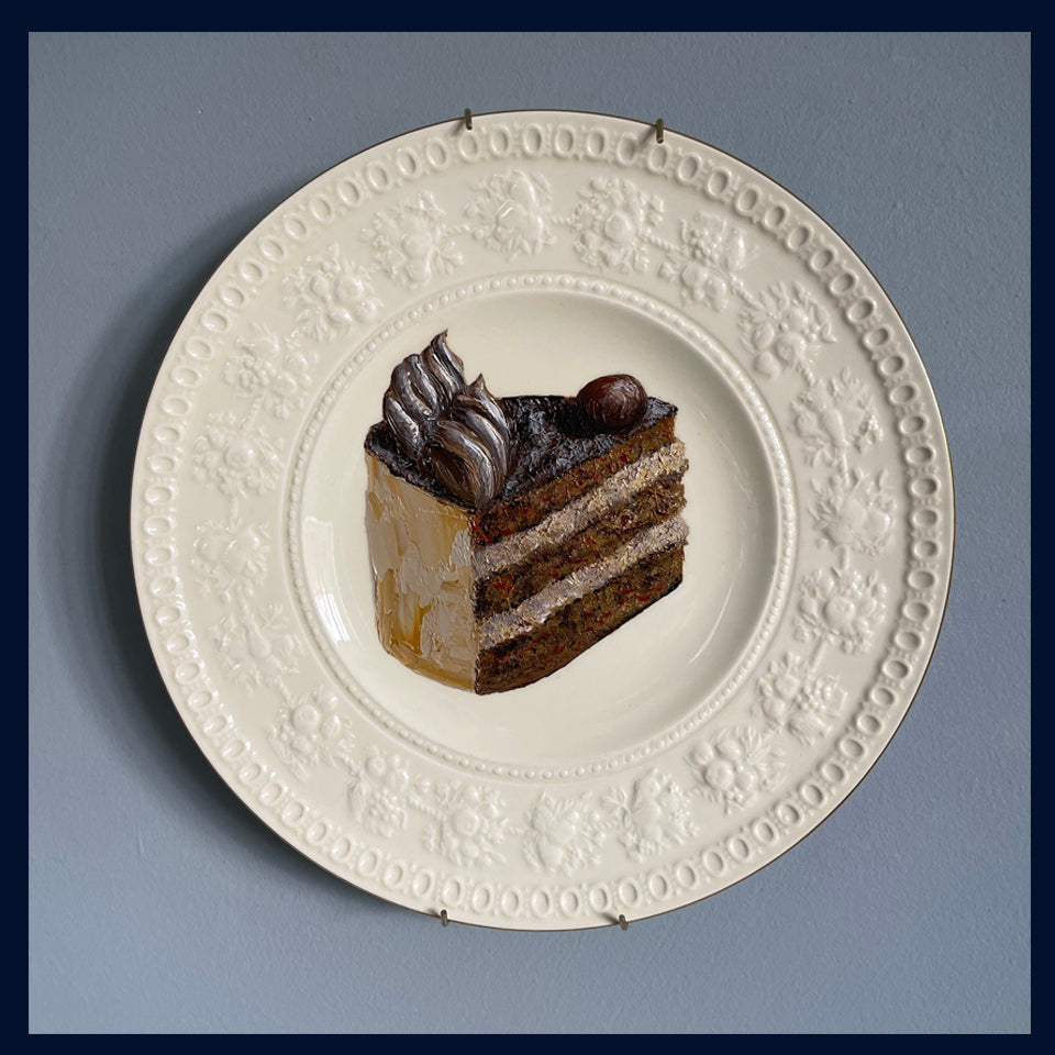 Chocolate & Walnut Gateau Cake Slice Original Oil Painting On Vintage Plate