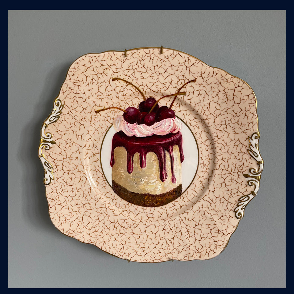 Cherry & Chocolate Torte Cake Original Oil Painting On Vintage Cake Plate