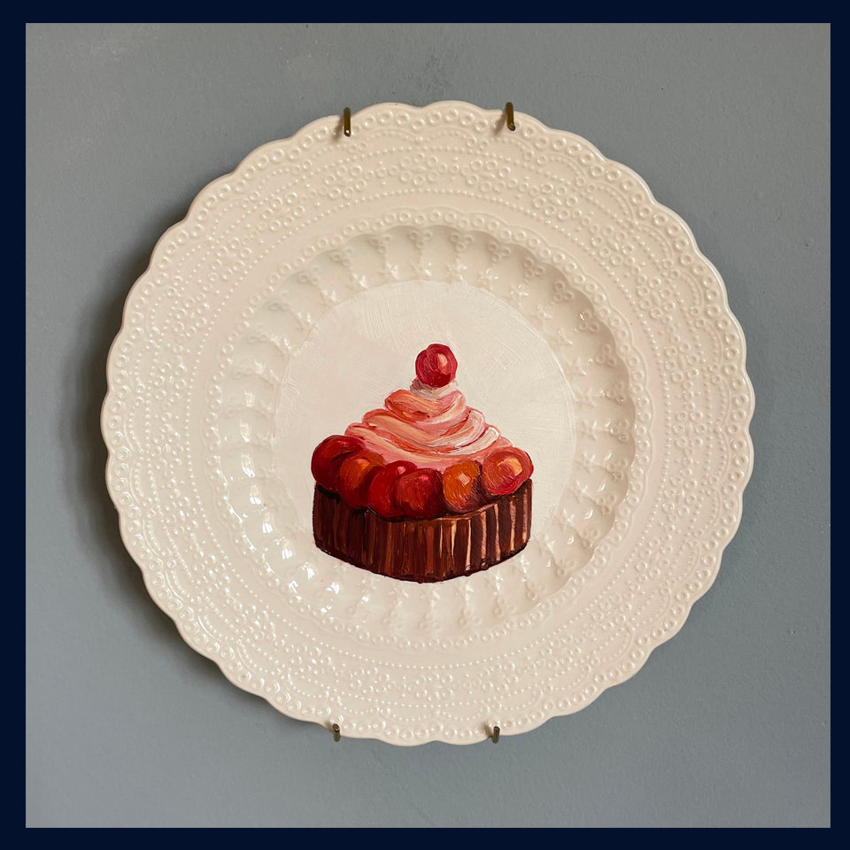 Cherry Chocolate Tart Original Oil Painting On Antique Spode China Tea Plate