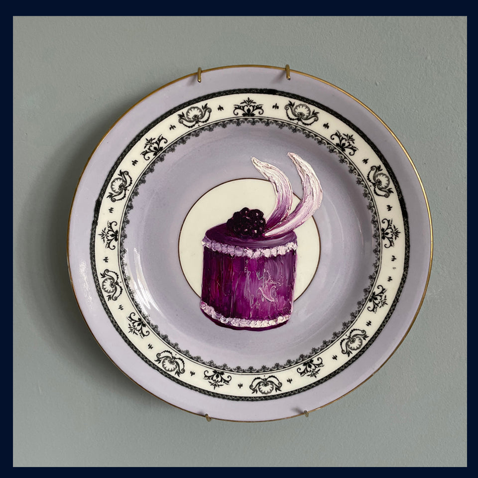 Blackberry Torte Fondant Cake Original Oil Painting On Vintage Tea Plate