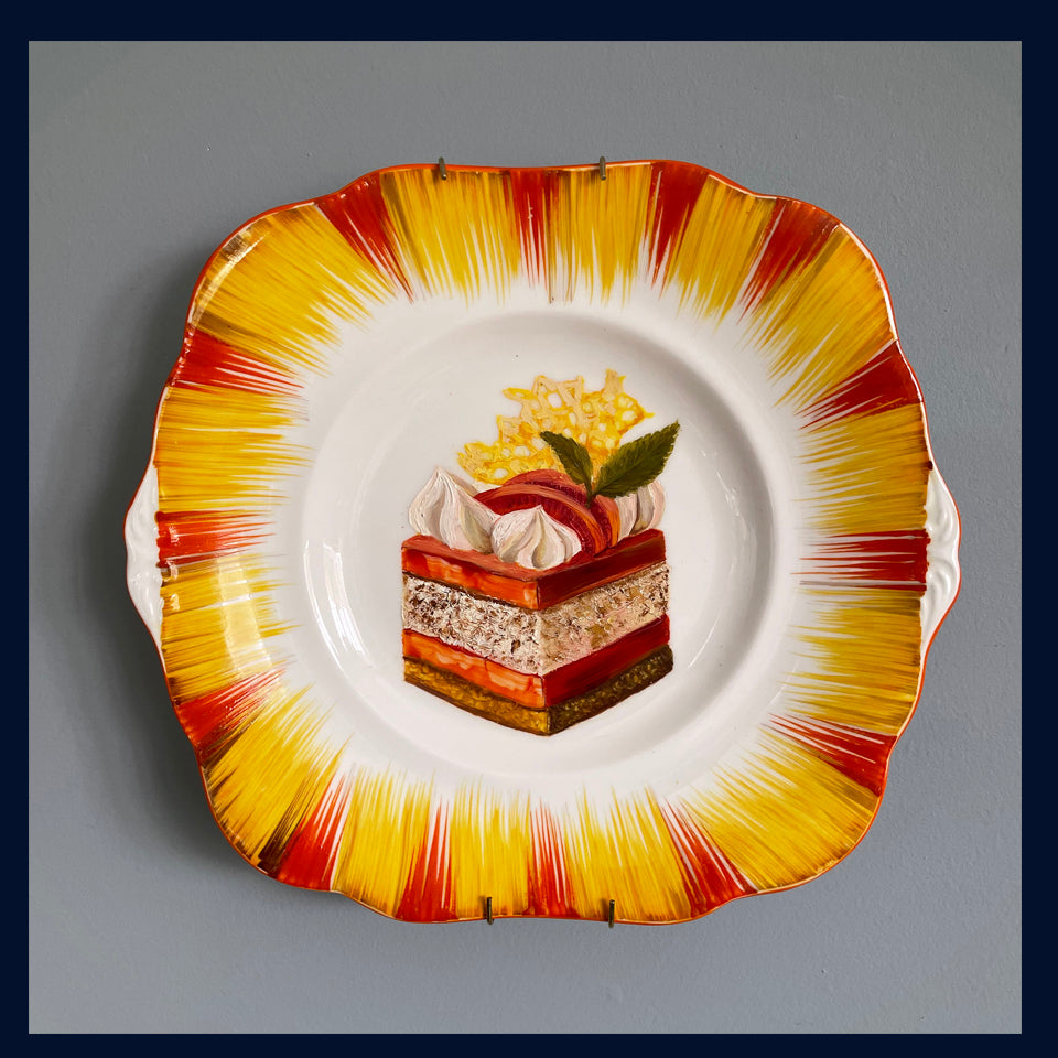 Peach Melba Torte Cake Original Oil Painting On 1930s Cake Plate