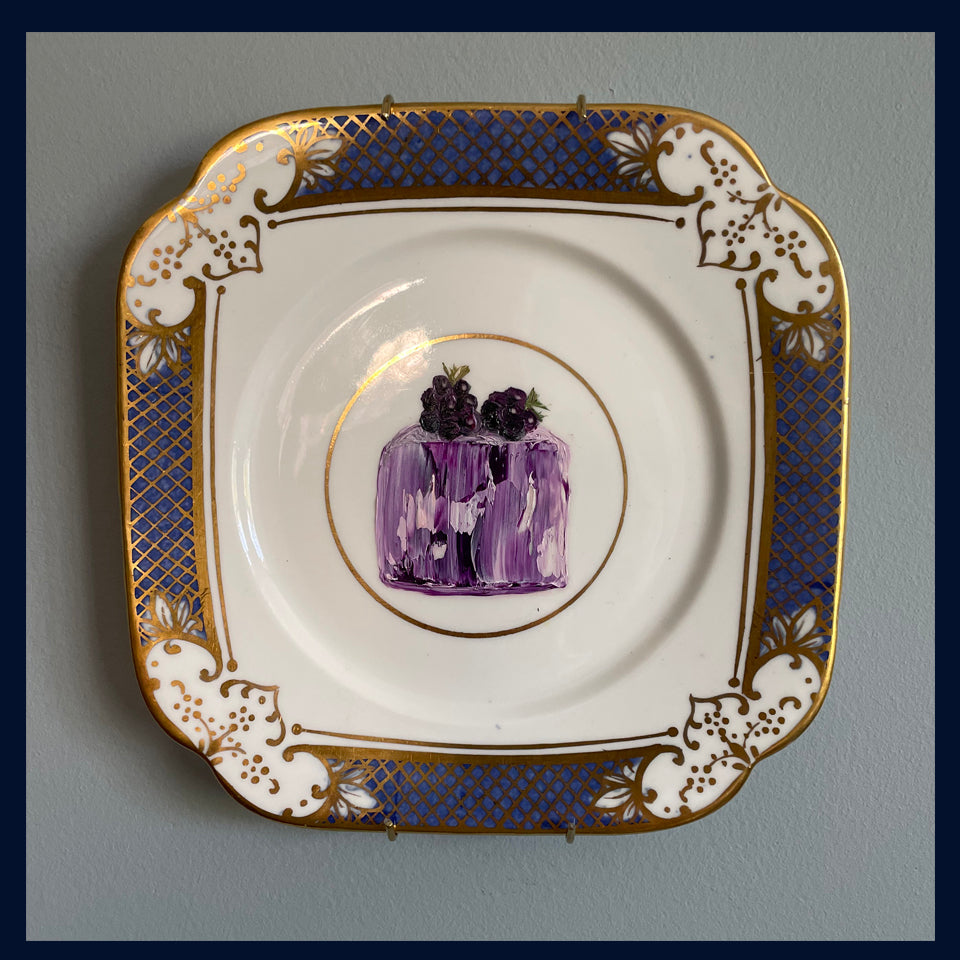 Blackberry Fondant Cake Original Oil Painting On Vintage Tea Plate