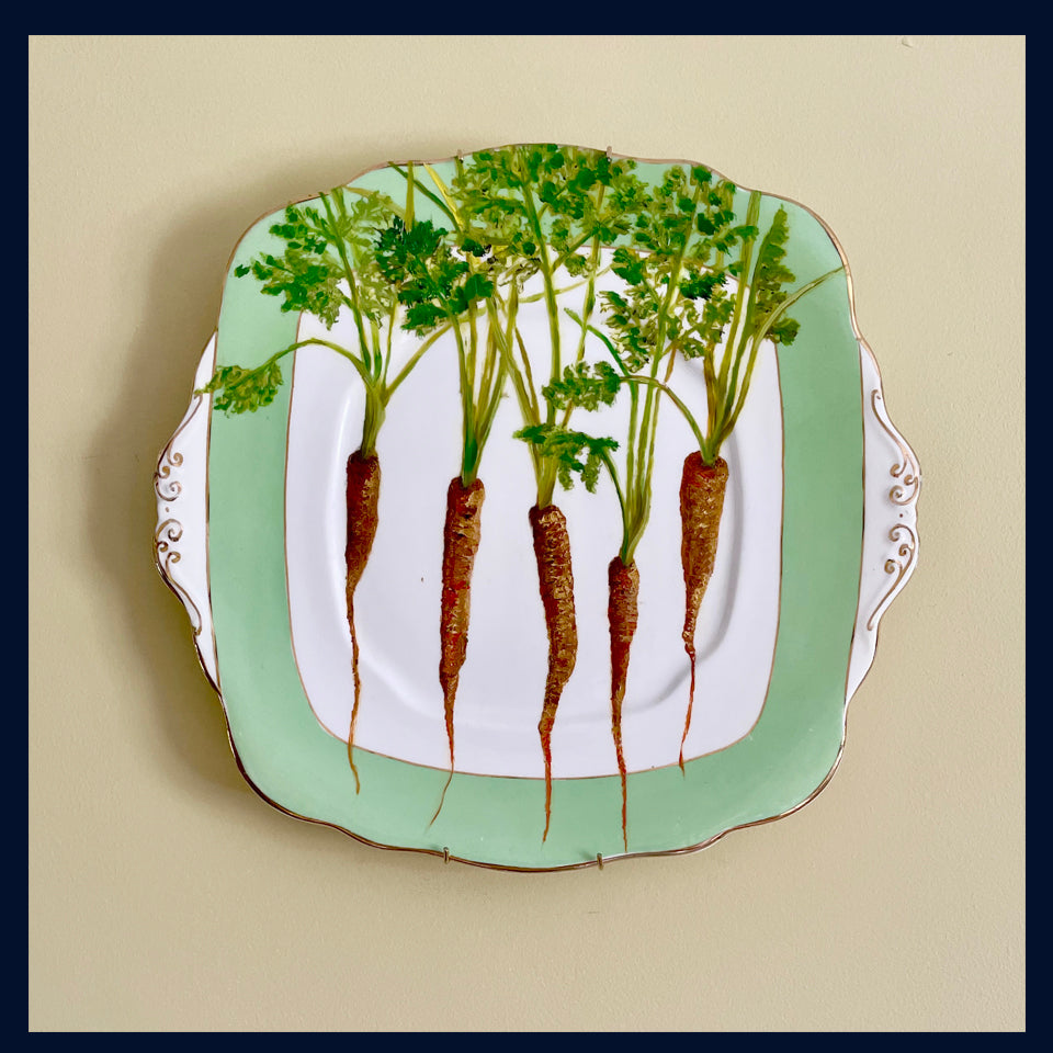 Plated: original oil painting on a vintage cake plate- carrot thinnings from the garden