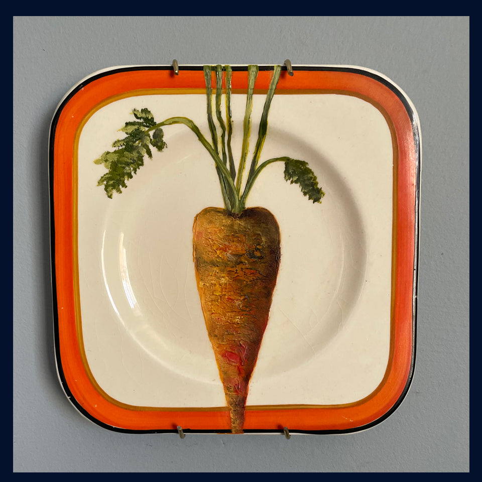 Carrot - original oil painting on 1930s tea plate