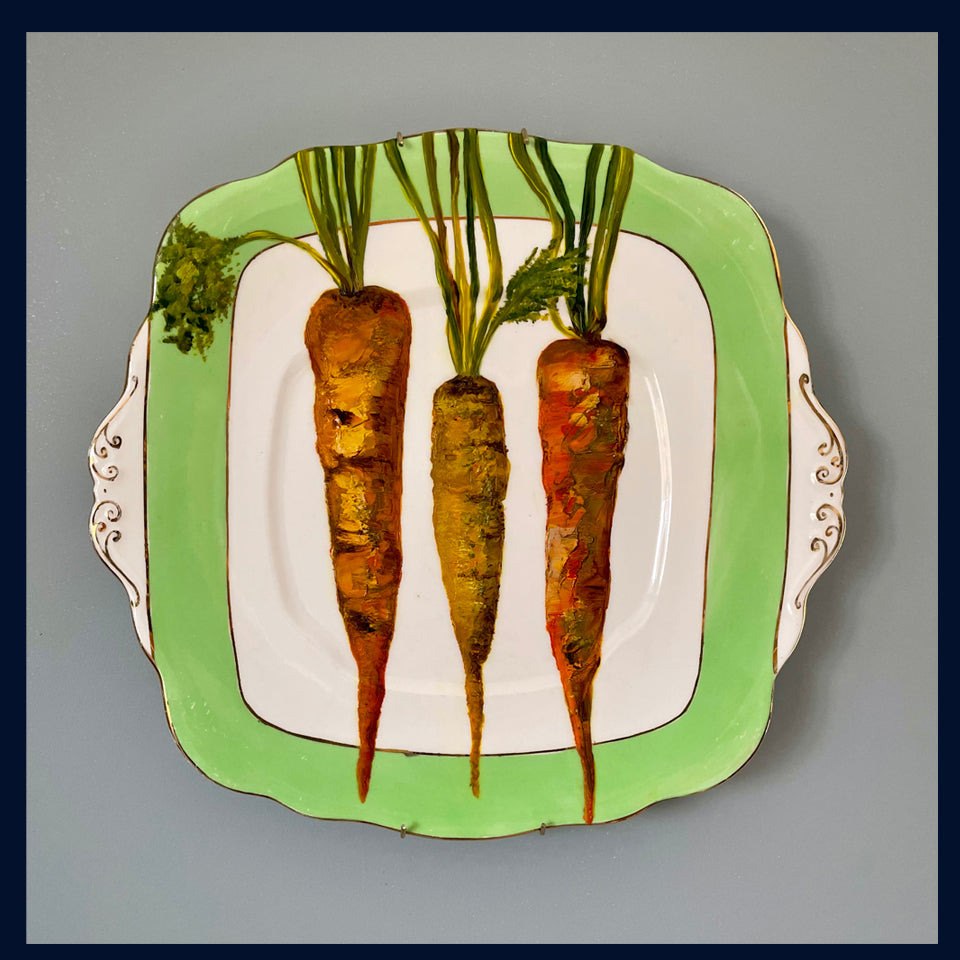 3 Carrots - original oil painting on vintage cake plate