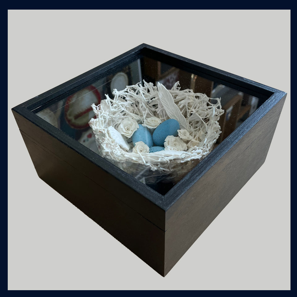 Large Ceramic Nest with Blue Eggs and Feathers in Bespoke Wooden Box: Ceramic Sculpture by Jillian Riley