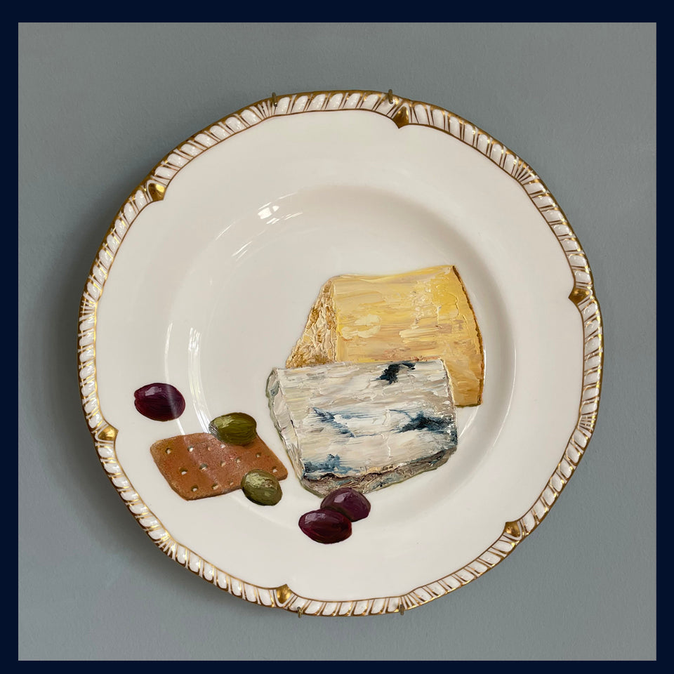 Cheese & Olive Platter Original Oil Painting On Vintage Royal Crown Derby China Dessert Plate