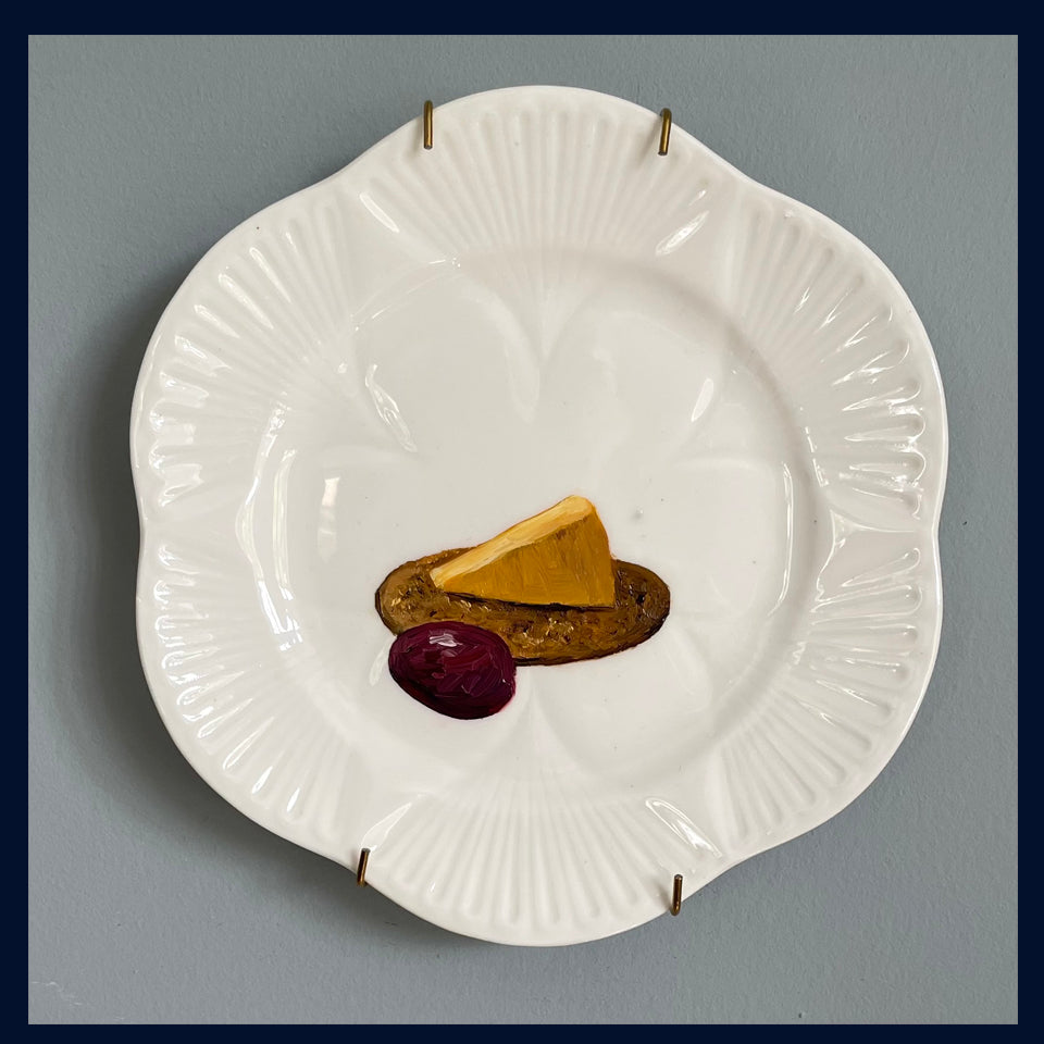 Cheddar Cheese, Cracker & Olive Original Oil Painting On 1920s Shelley China Tea Plate