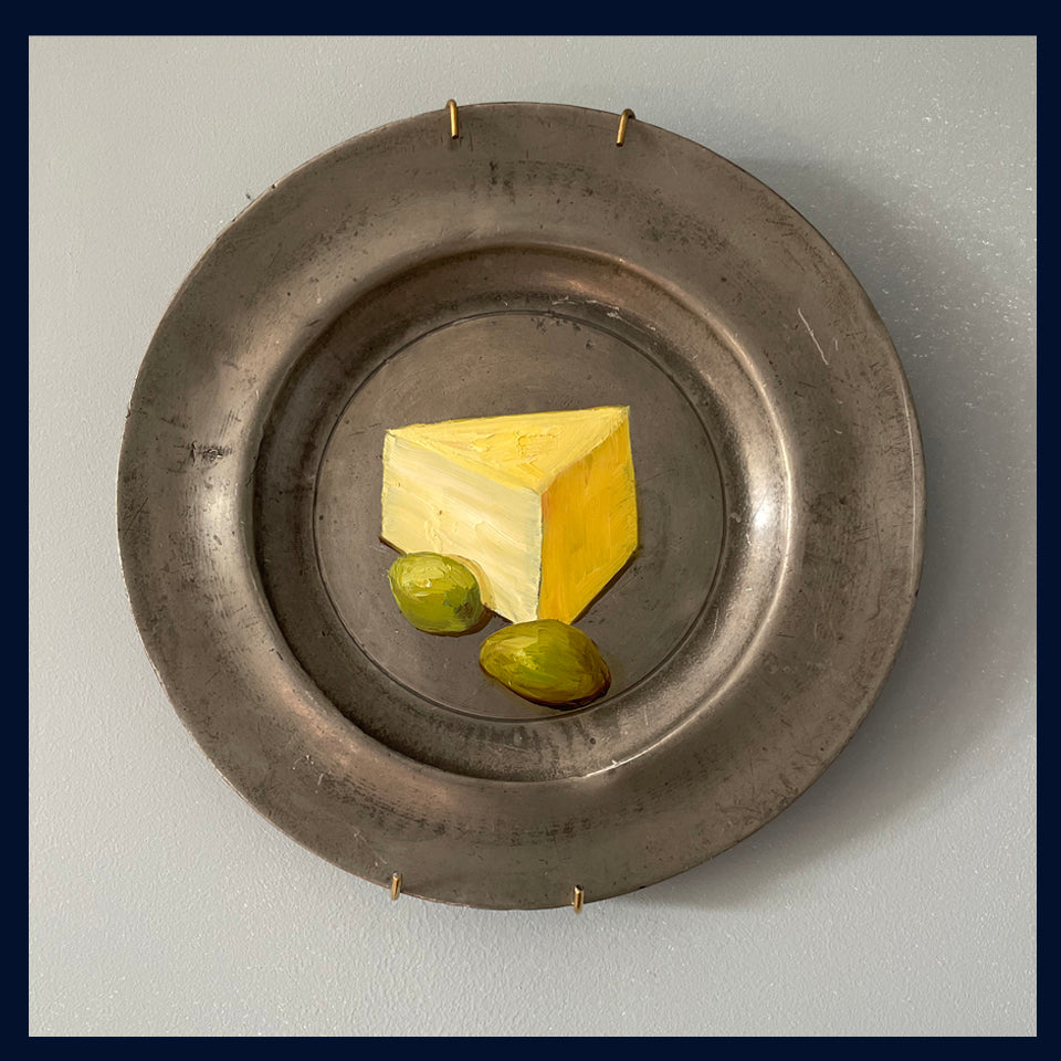 Original oil painting on antique pewter plate - cheddar cheese with olives