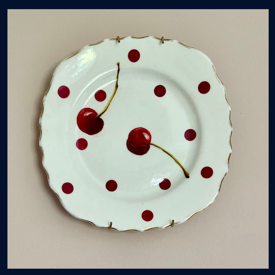 Plated: original fine art oil painting on a vintage Royal Vale tea plate - 2 cherries