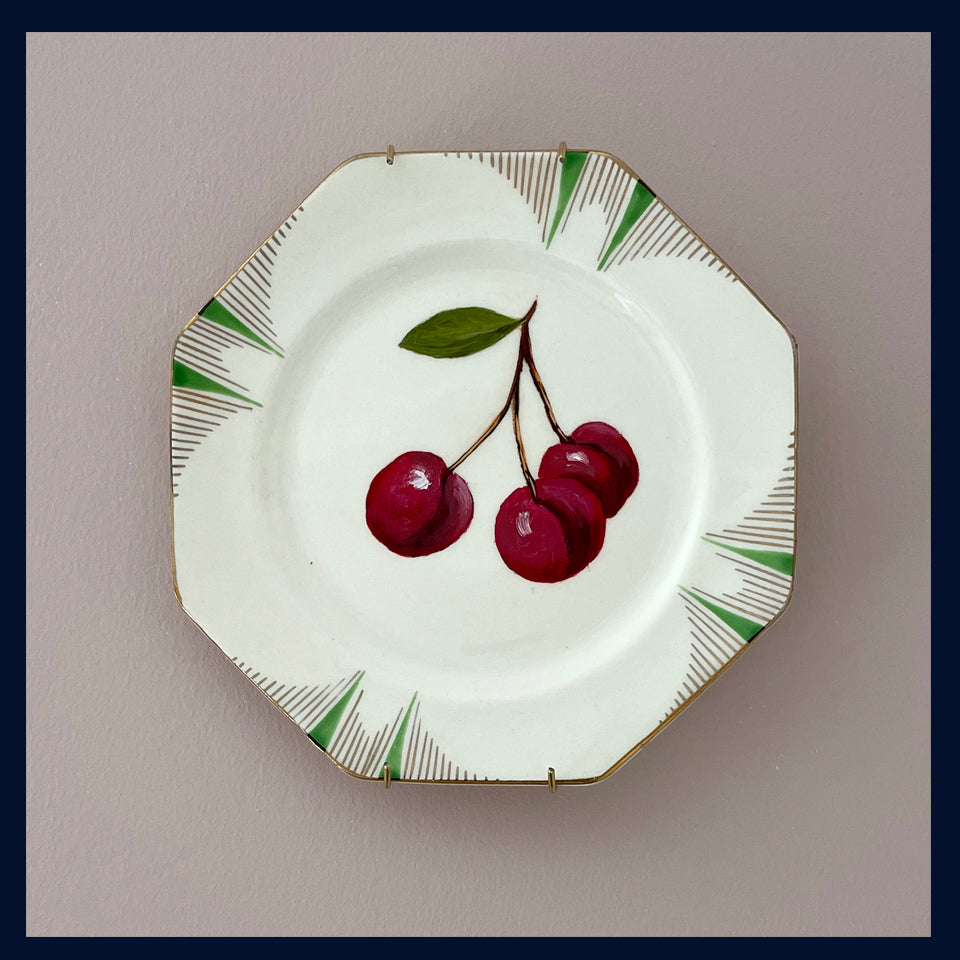 Plated: original fine art oil painting on an Art Deco tea plate - 3 cherries