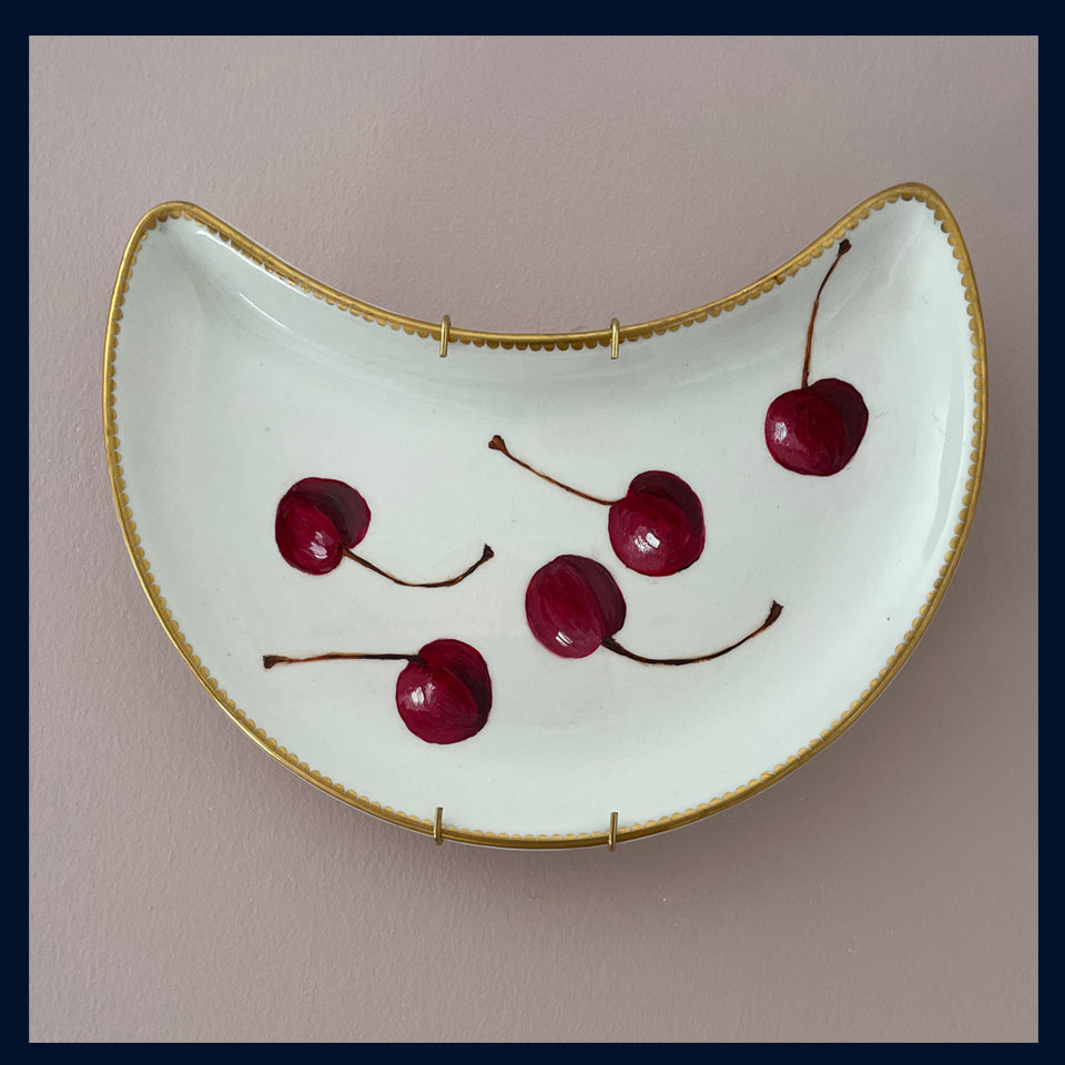Plated: original fine art oil painting on a vintage side plate - 5 cherries