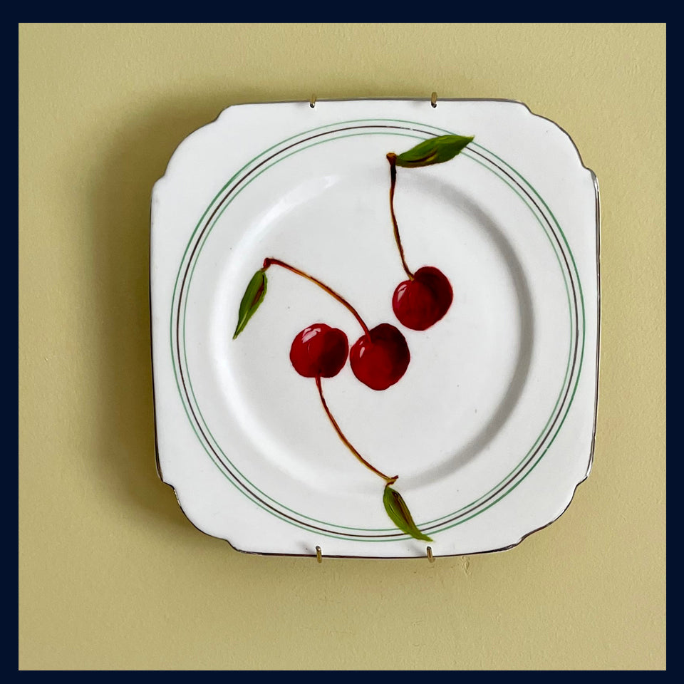 Plated: original oil painting on a 1920s tea plate - 3 cherries