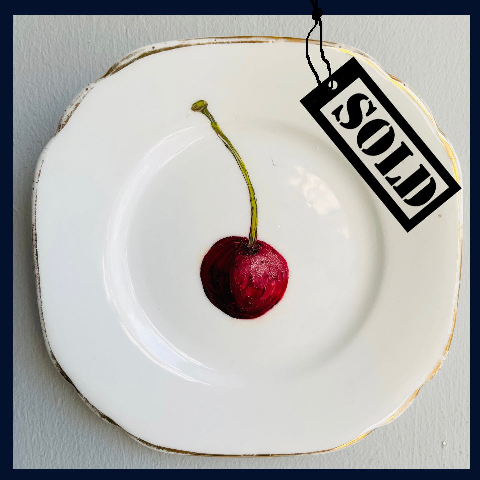 SOLD Plated: original fine art oil painting on a tiny antique plate - cherry