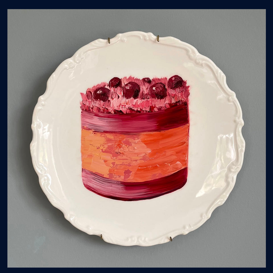 Cherry and Orange Gateau Cake Original Oil Painting On Vintage China Salad Plate