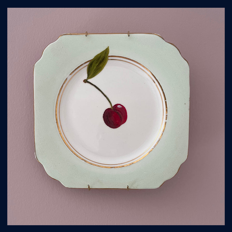 Plated: original fine art oil painting on a 1920s tea plate - cherry