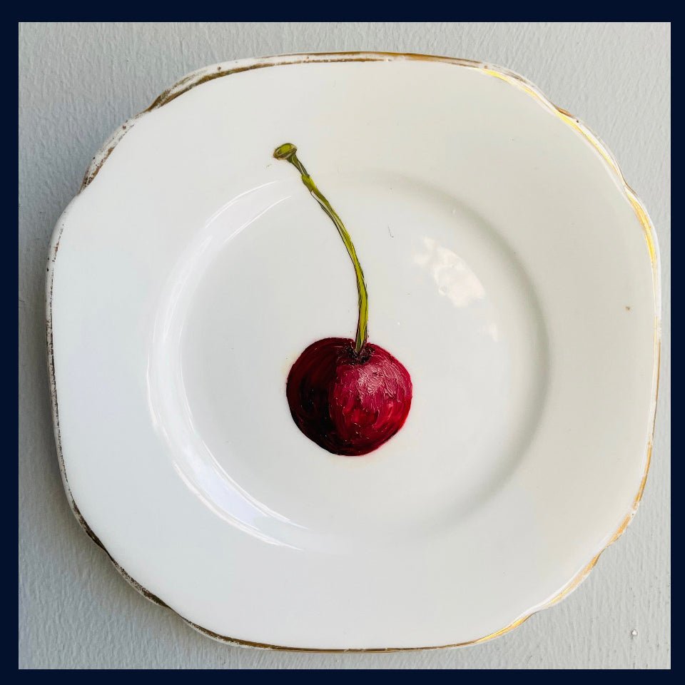 Plated: original fine art oil painting on a tiny antique plate - cherry