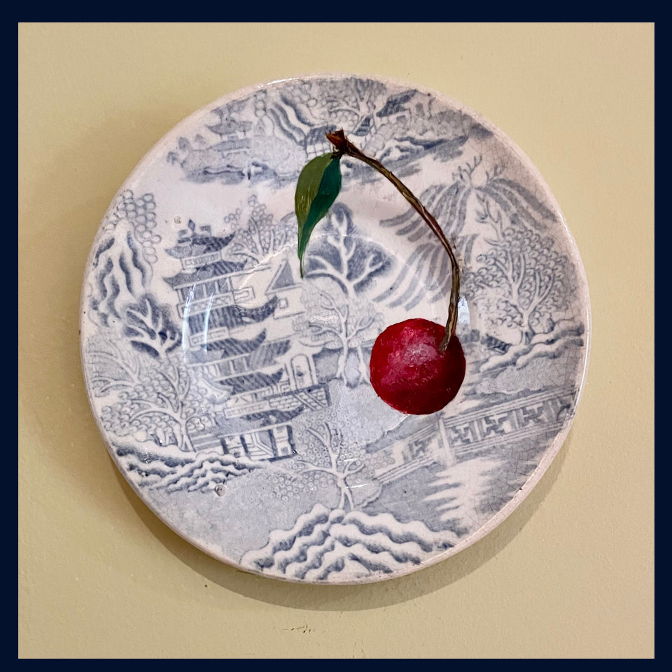 Plated: original fine art oil painting on a tiny antique willow pattern plate from a Victorian dolls house - cherry 2