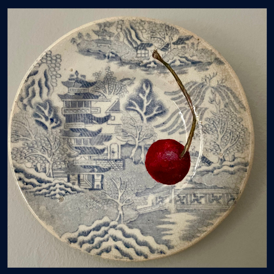 Plated: original fine art oil painting on a tiny antique willow pattern plate from a Victorian dolls house - cherry 2