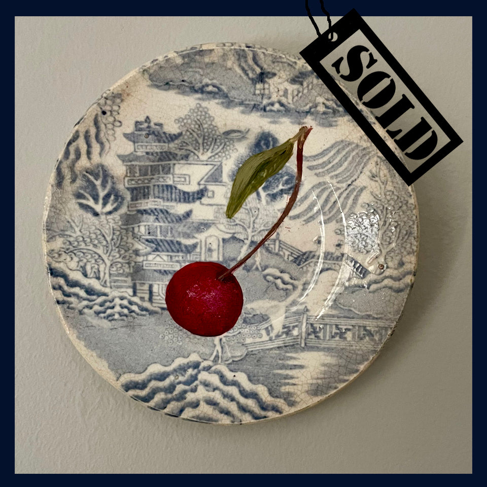 SOLD Plated: original fine art oil painting on a tiny antique willow pattern plate from a Victorian dolls house - cherry