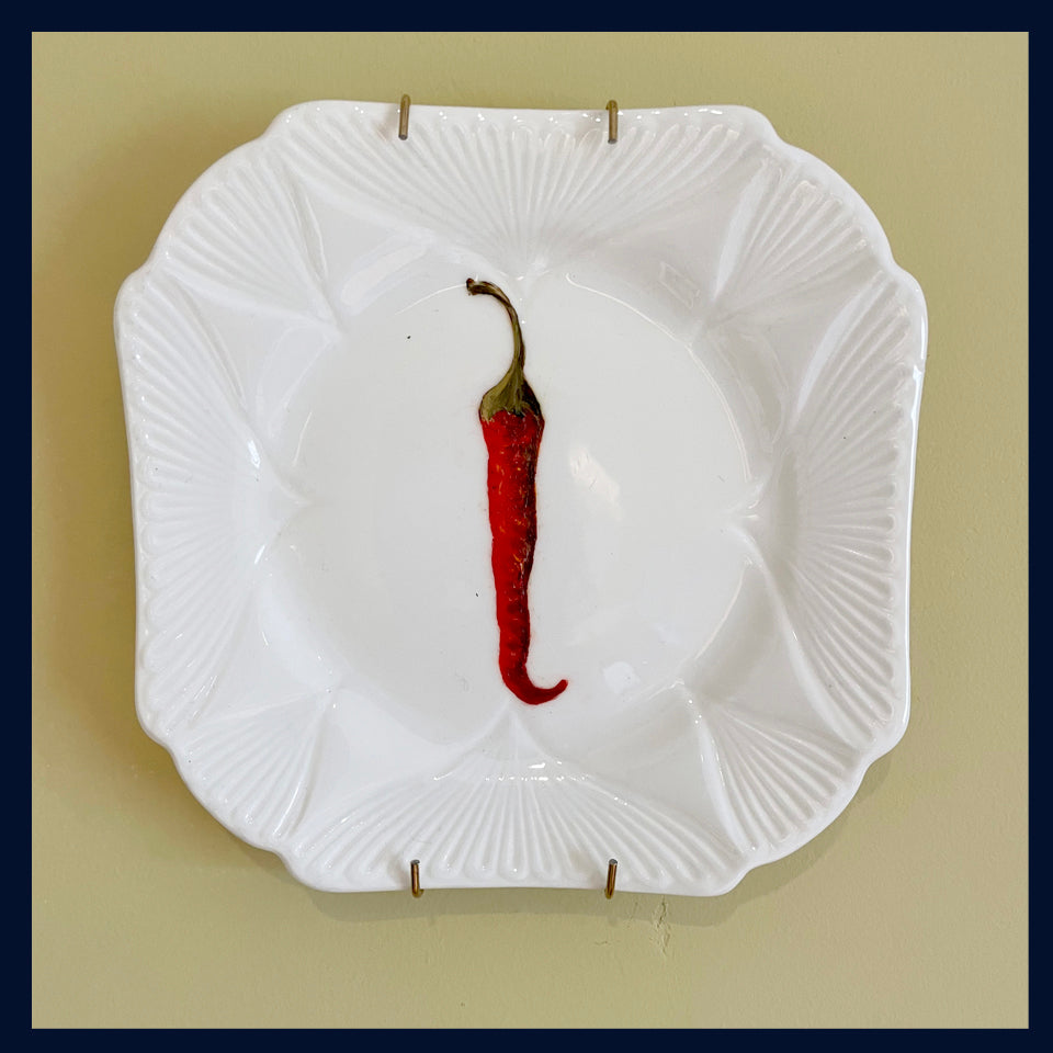 Plated: original fine art oil painting on an antique tea plate - chilli