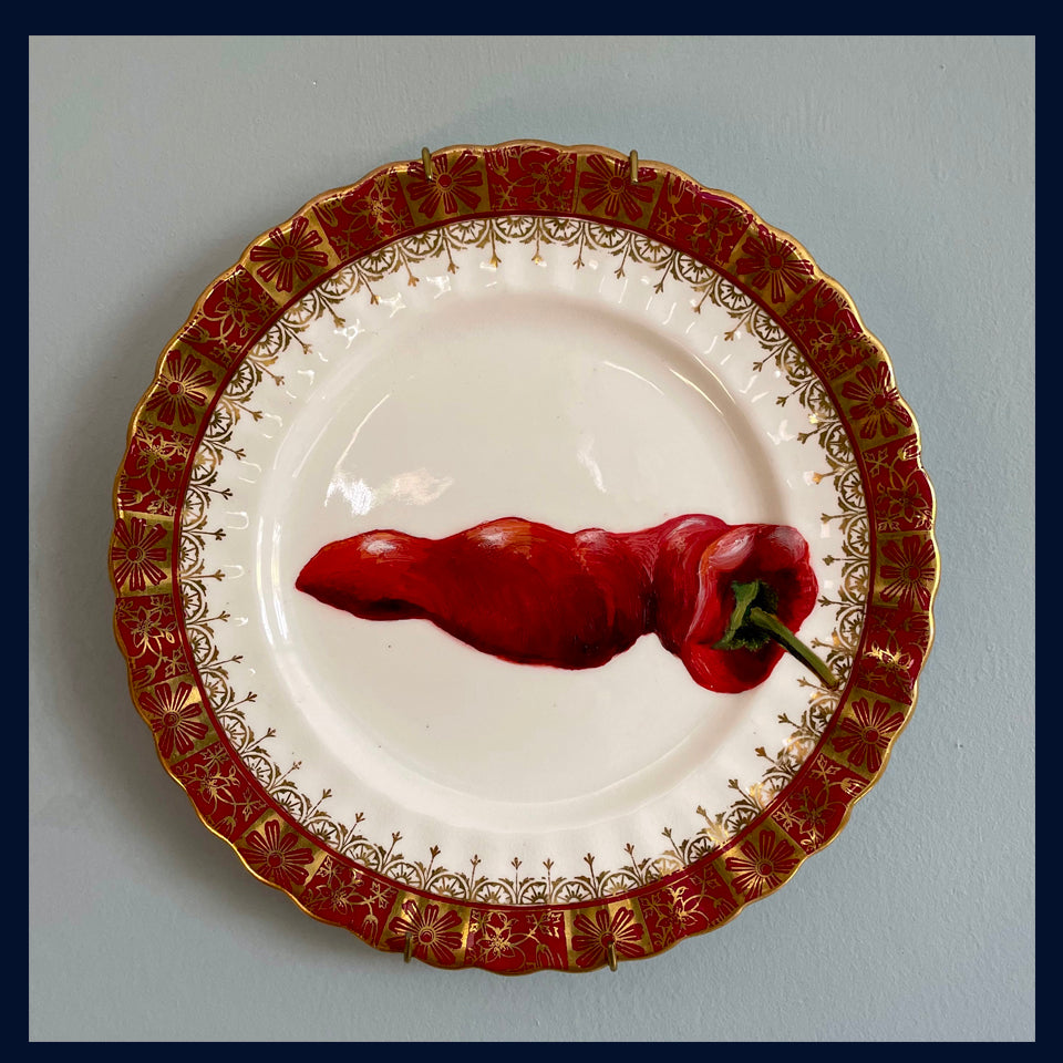 Plated: original fine art oil painting on a vintage tea plate - chilli