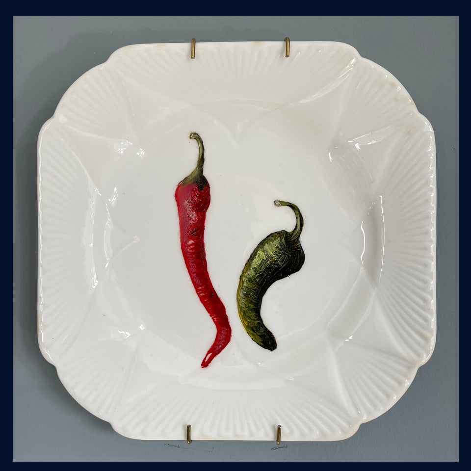 Plated: original fine art oil painting on an antique tea plate - 2 chillies