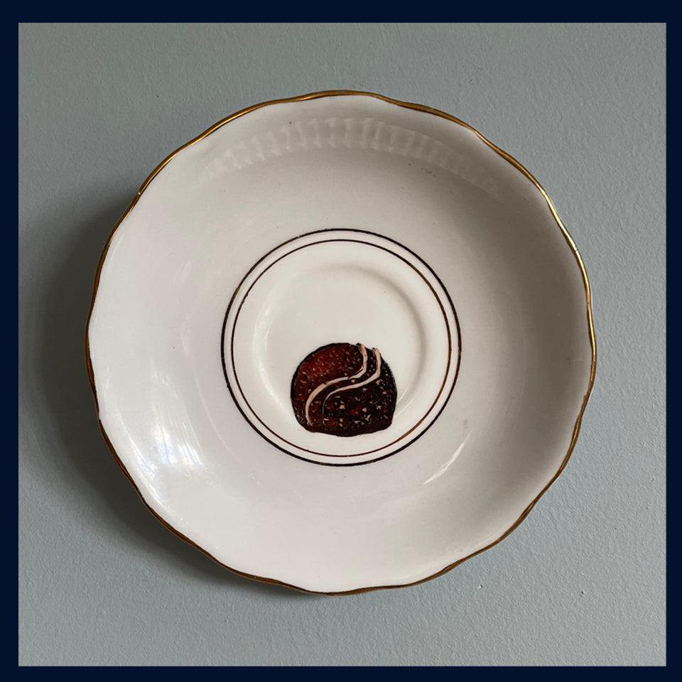 Almond Praline Chocolate Original Oil Painting On Vintage Royal Vale Saucer