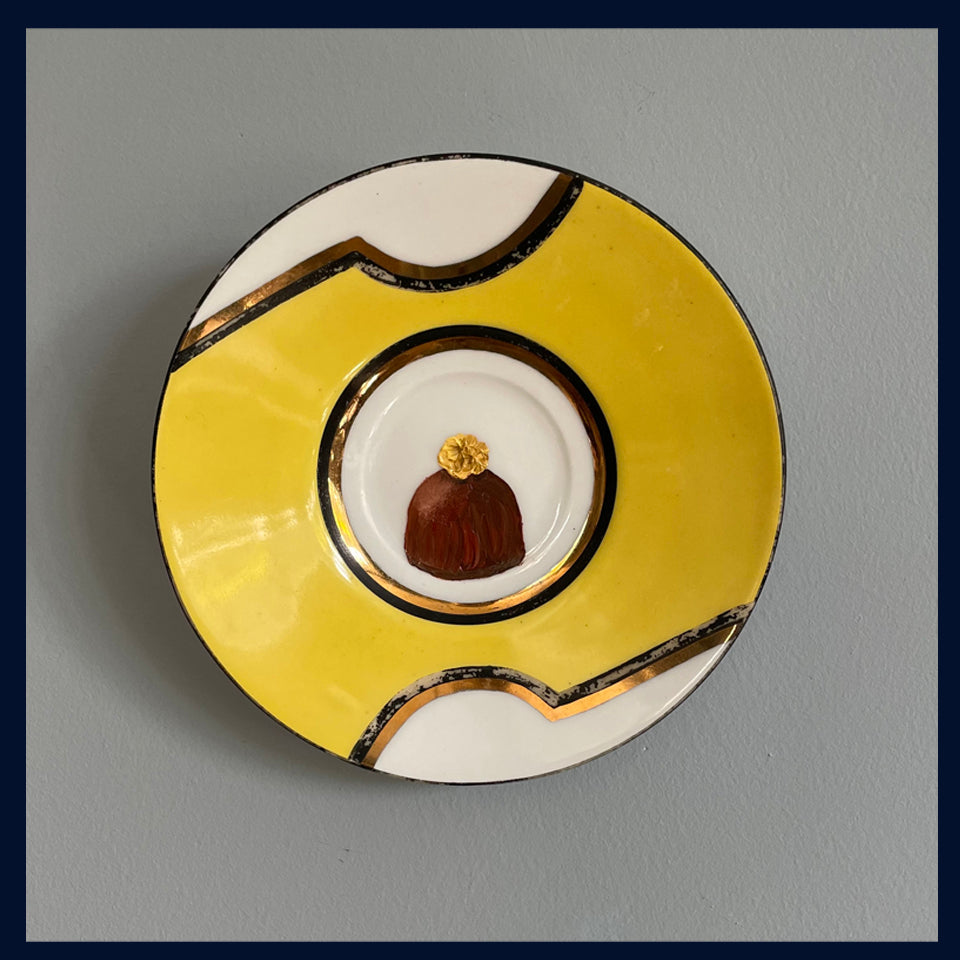 Lemon Creme Chocolate Original Oil Painting On Vintage Yellow Saucer