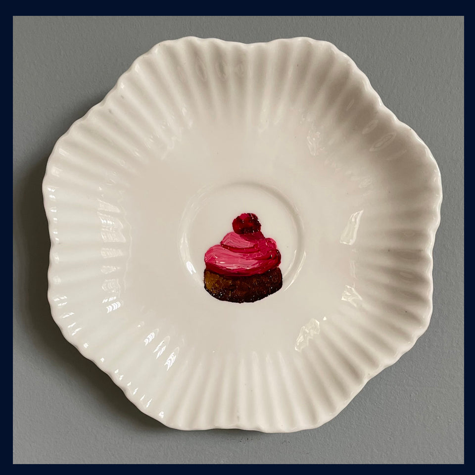 Strawberry Cream Chocolate Original Oil Painting On Antique Saucer
