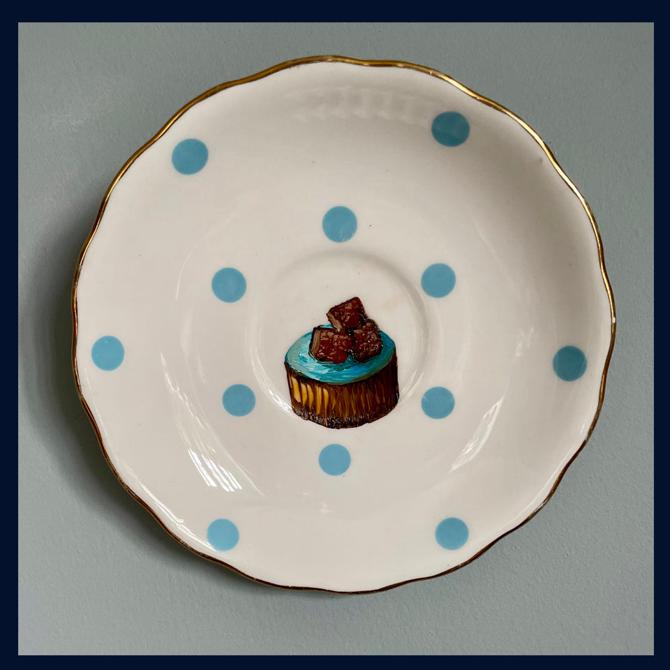 Mint Chocolate Original Oil Painting On Vintage Royal Vale Dotty Saucer