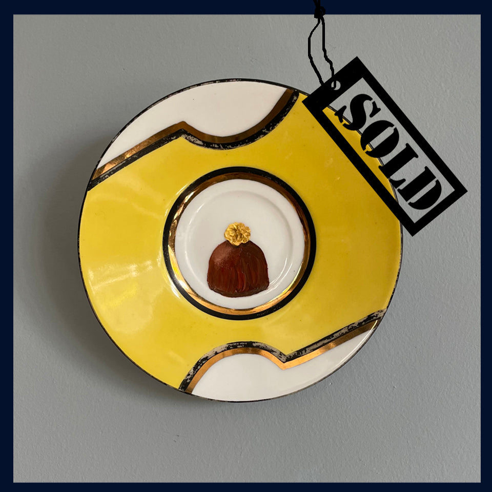 SOLD Lemon Creme Chocolate Original Oil Painting On Vintage Yellow Saucer