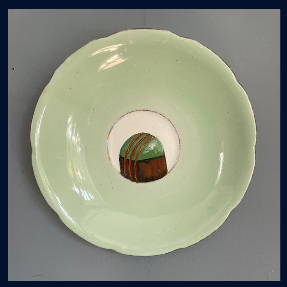 Pistachio & Caramel Chocolate Original Oil Painting On Vintage Saucer